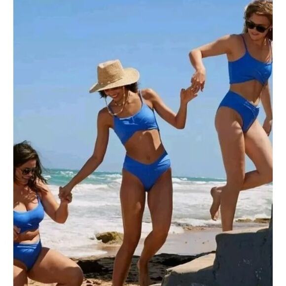 Aerie Shine Pique Twist High Cut Cheeky & Longline Scoop Bikini Set Womens Size - Picture 7 of 7